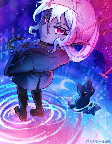 Camellia out for a walk in the city of New Tellus when the weather has let up from a downpour. Although the rain is dangerous for vampires, she enjoys its beauty.